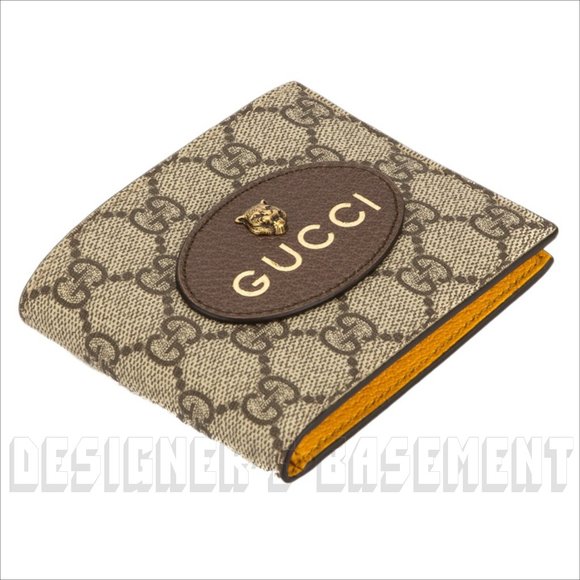 GUCCI Cat FELINE HEAD brown GG Supreme Canvas w/yellow leather bifold Wallet NIB - Picture 2 of 4